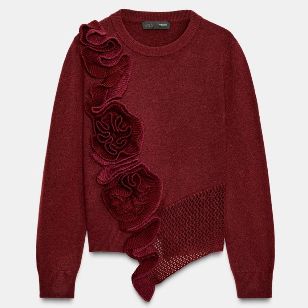 Zara Burgundy 3D Floral Appliqué Sweater Chic Feminine NWT Small Medium NWT